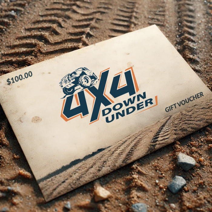 $100 gift voucher for 4WD Down Under featuring off-road vehicle logo and 4x4 accessories