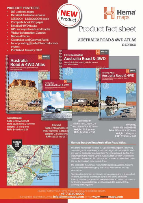 Product fact sheet for Hema Maps Australia Road and 4WD Handy Atlas with features and maps