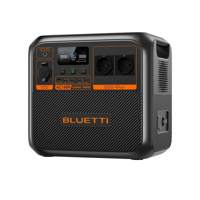 Portable Bluetti AC180P Power Station with digital display and multiple outlets