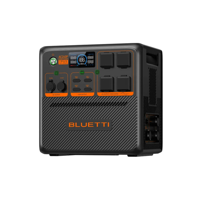 Portable Bluetti AC240P Power Station with multiple outlets and digital display