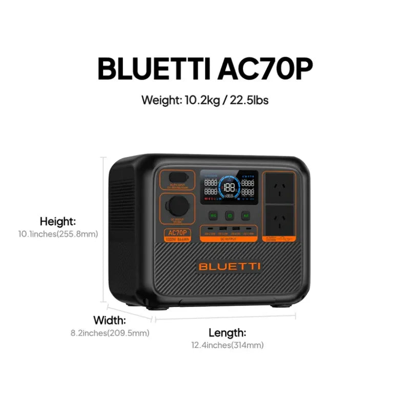 Bluetti AC70P portable power station with digital display and multiple ports