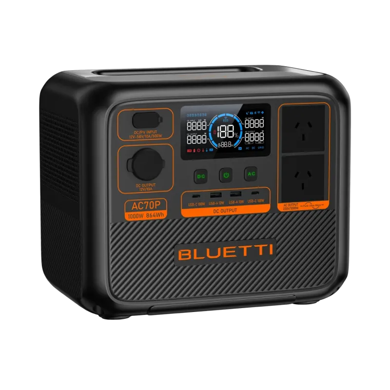 Bluetti AC70P Portable Power Station with digital display and multiple outlets