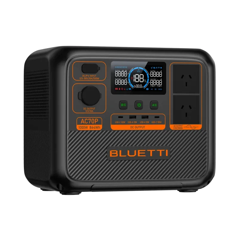 Portable Bluetti AC70P Power Station with digital display and multiple outlets