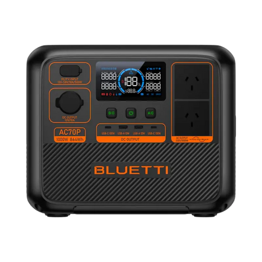 Bluetti AC70P Portable Power Station with digital display and multiple output ports