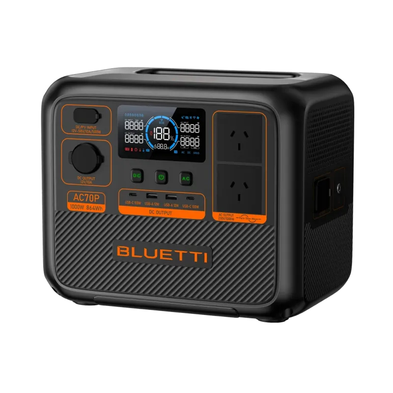 Bluetti AC70P Portable Power Station with multiple outlets and digital display