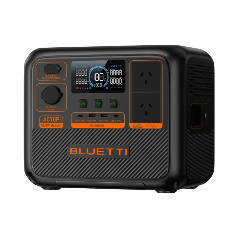 Bluetti AC70P power station with digital display and multiple outlets for versatile use