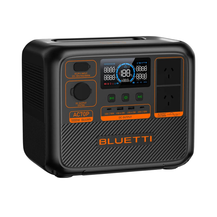 Bluetti AC70P Portable Power Station with digital display and multiple outlets