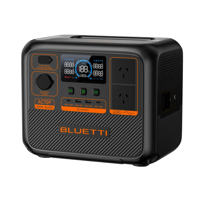 Bluetti AC70P Portable Power Station with multiple outlets and digital display