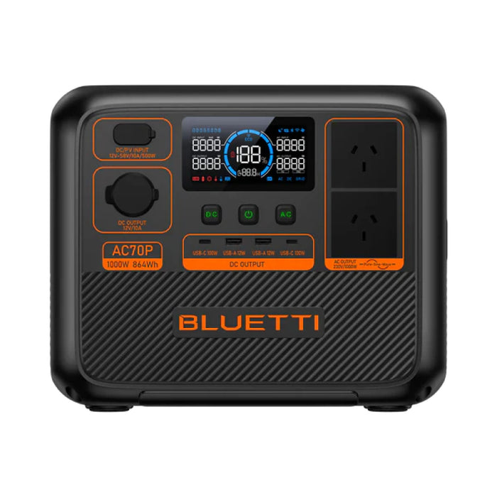 Bluetti AC70P Portable Power Station with digital display and multiple output ports