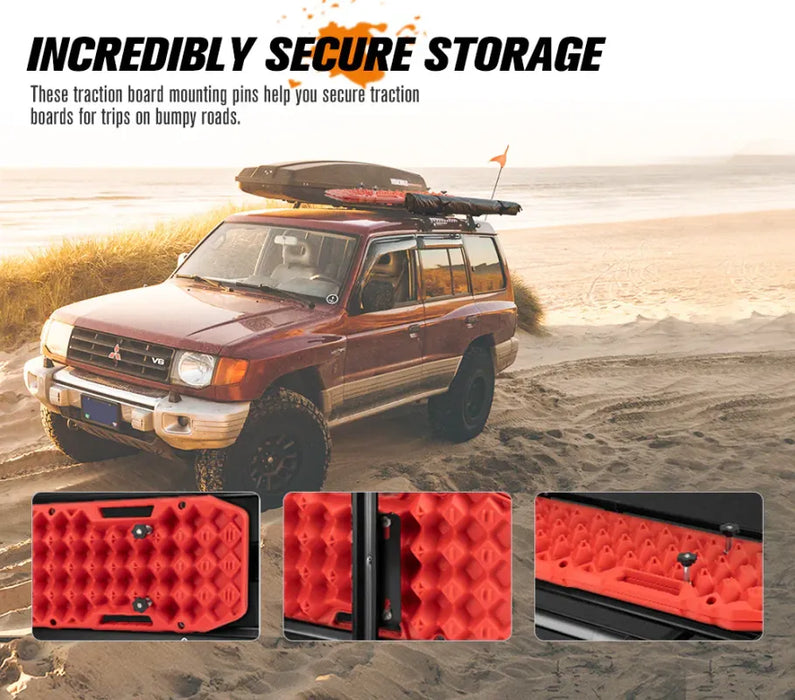 Maroon SUV with roof rack and Bunker Indust Recovery Tracks Mounting Kit driving on beach