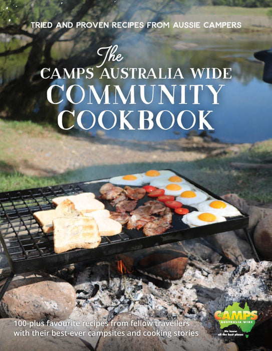 Campfire grill cooking eggs, meat, and bread on The Camps Australia Wide Community Cookbook