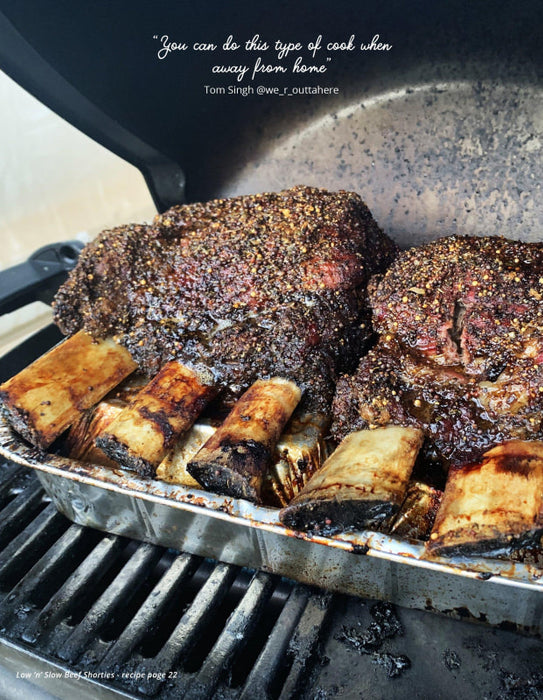 Heavily seasoned beef short ribs on a grill from The Camps Australia Wide Community Cookbook