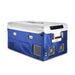 Portable electric cooler in blue and white with EvaKool Insulated Protective Cover