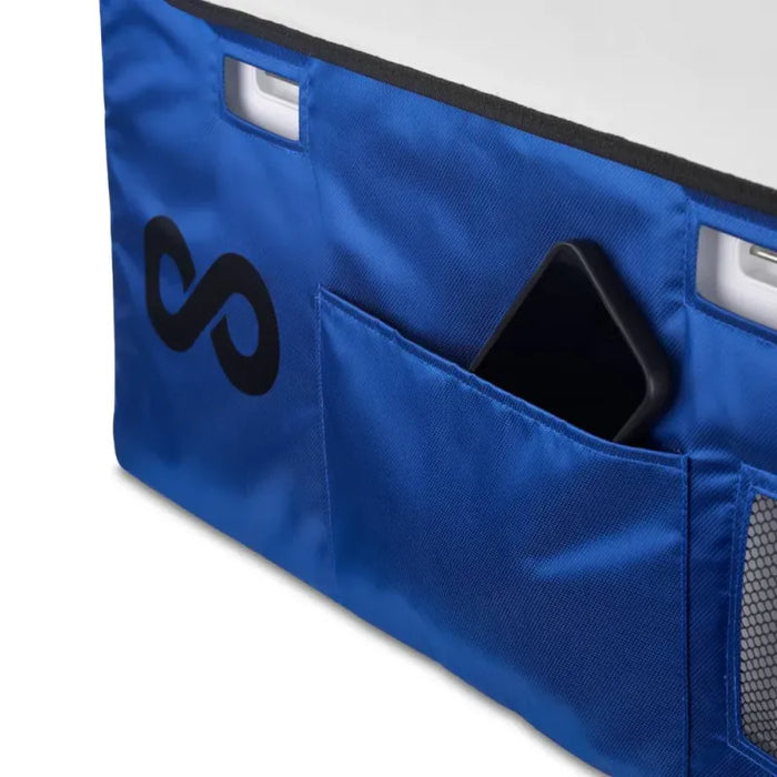 Blue fabric organizer with pockets and infinity logo for EvaKool insulated protective cover