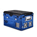 Portable blue and black fridge freezer with built-in fans in Insulated Protective Cover