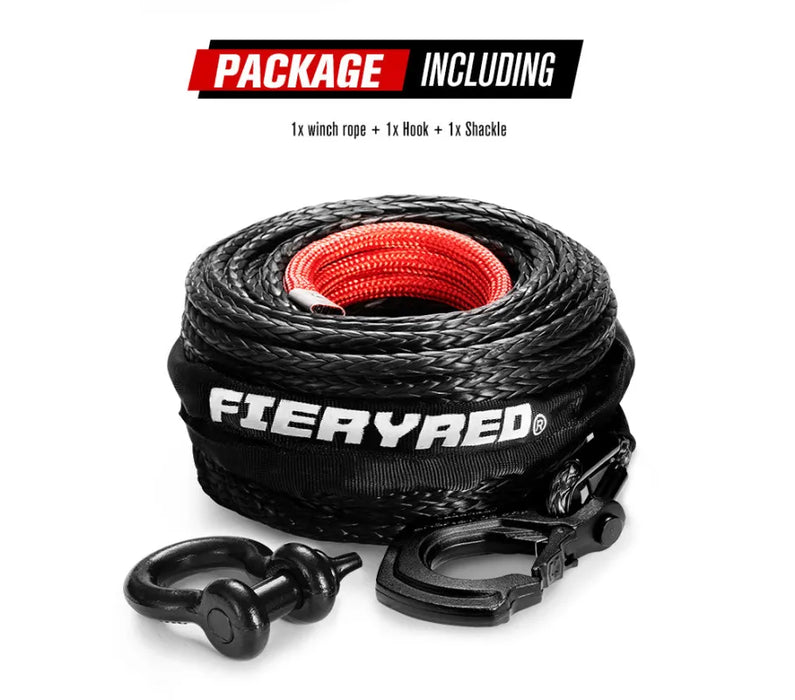 FieryRed Dyneema Synthetic Winch Rope with Hook | Black | 10mm x 30m - Winch Rope/Cable