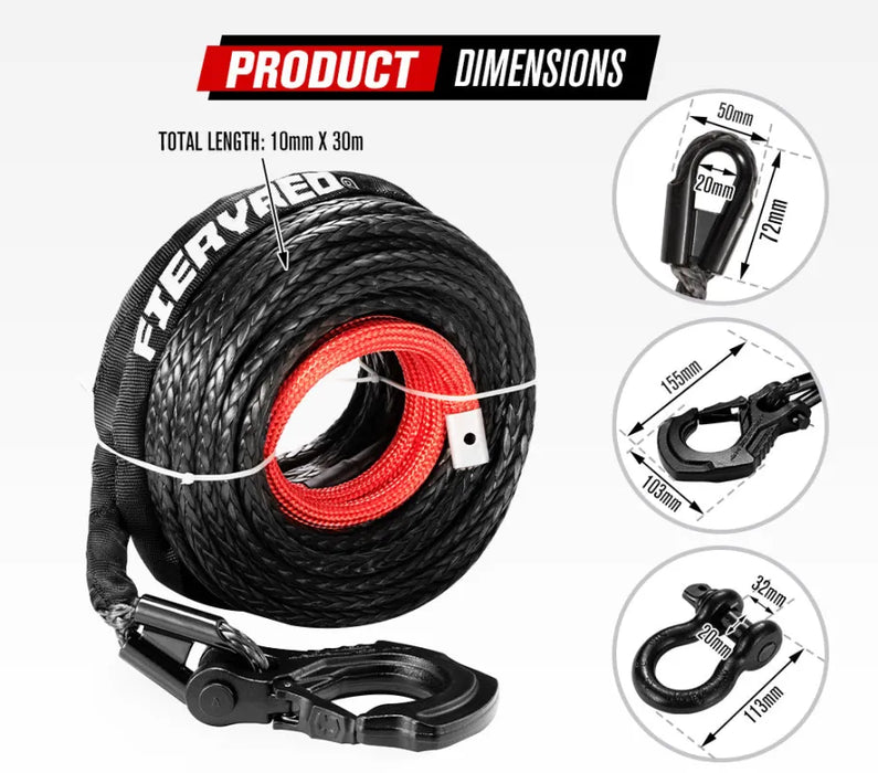 FieryRed Dyneema Synthetic Winch Rope with Hook | Black | 10mm x 30m - Winch Rope/Cable