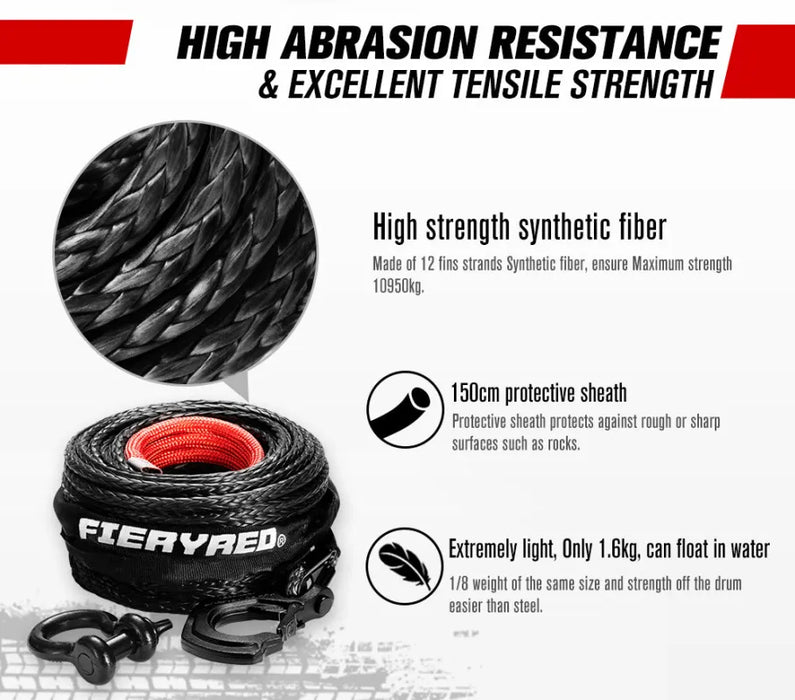 FieryRed Dyneema Synthetic Winch Rope with Hook | Black | 10mm x 30m - Winch Rope/Cable