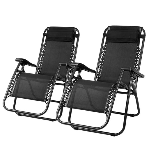 Gardeon Zero Gravity Chairs 2PC Reclining Outdoor Sun Lounge Furniture Folding Camping Lounger | Black - Camping Accessories