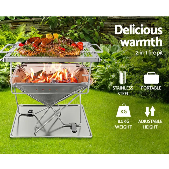 Grillz Camping Fire Pit BBQ Portable Folding Stainless Steel Stove Outdoor Pits - Home & Garden > BBQ