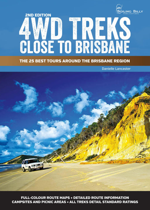 Book cover for Hema 4WD Treks Close to Brisbane showcasing a beach and a white 4WD vehicle