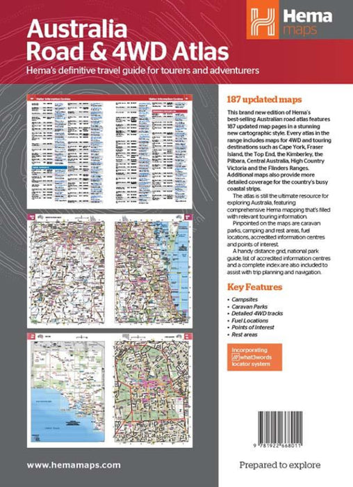 Hema Australia Road and 4WD Atlas book cover showcasing maps and product details