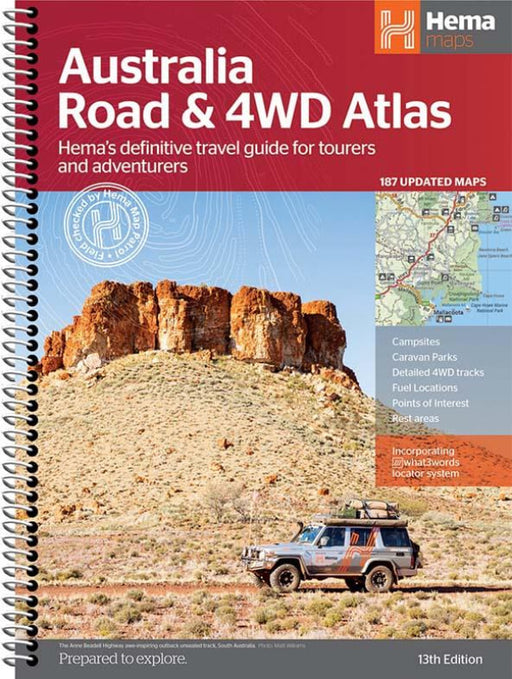 Hema Australia Road and 4WD Atlas featuring a rugged landscape and off-road vehicle