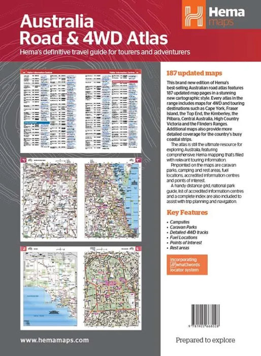 Hema Australia Road and 4WD Easy Read Atlas cover showcasing map samples and details