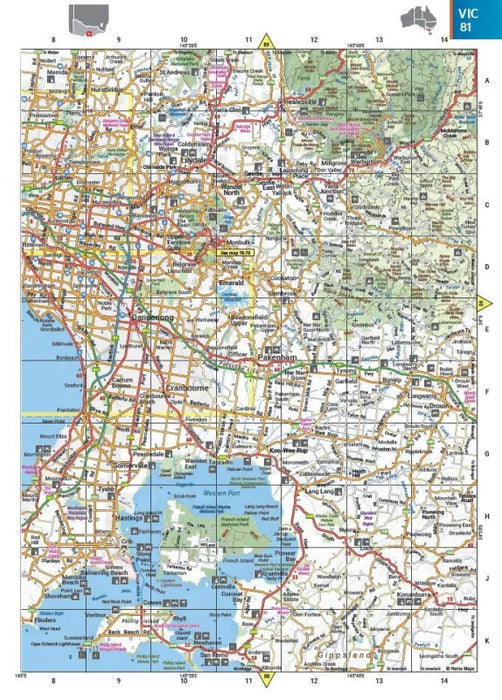 Road map of Greater Melbourne and Victoria in Hema Australia Easy Read Atlas