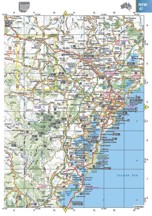 Road map of New South Wales, Australia in Hema 4WD Touring Atlas focusing on Sydney