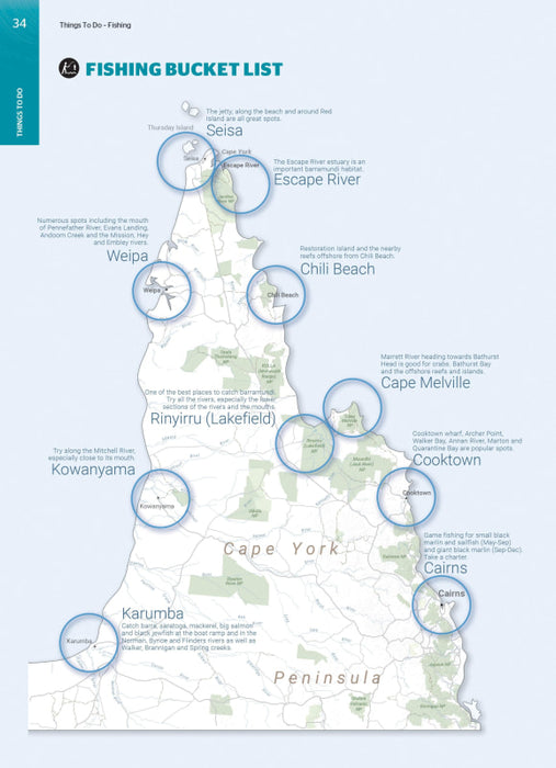 Map of Cape York Peninsula highlighting fishing locations from Hema Cape York Atlas