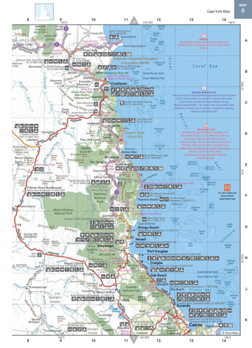 Map of Coastal Queensland with cities and parks from the Hema Cape York Atlas