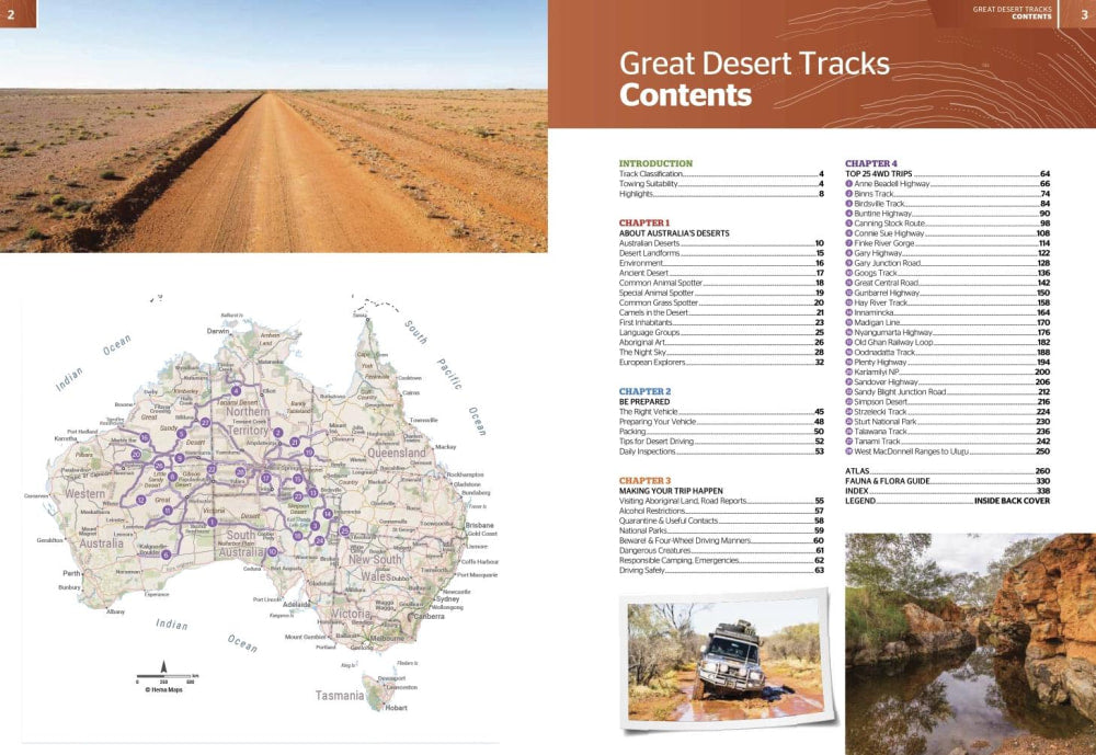 Table of contents for Hema Maps Great Desert Tracks Atlas featuring Australian landscapes