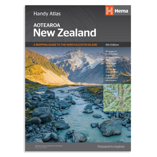 Hema New Zealand Handy Atlas cover with scenic mountains and rocky river landscape