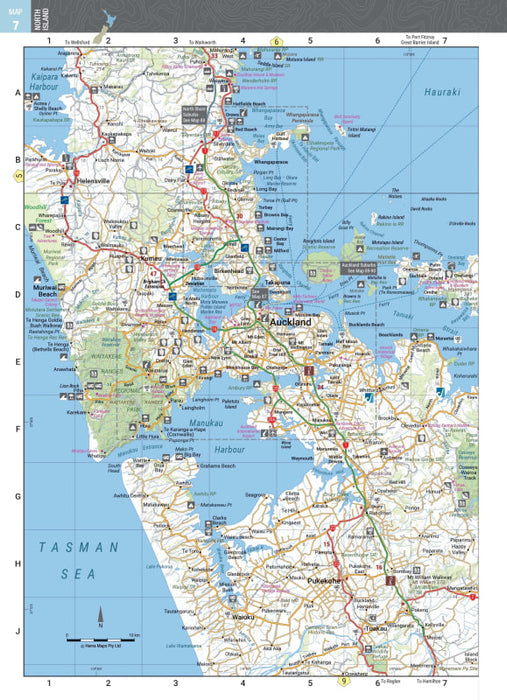 Detailed map of northern New Zealand’s North Island from the Hema New Zealand Handy Atlas