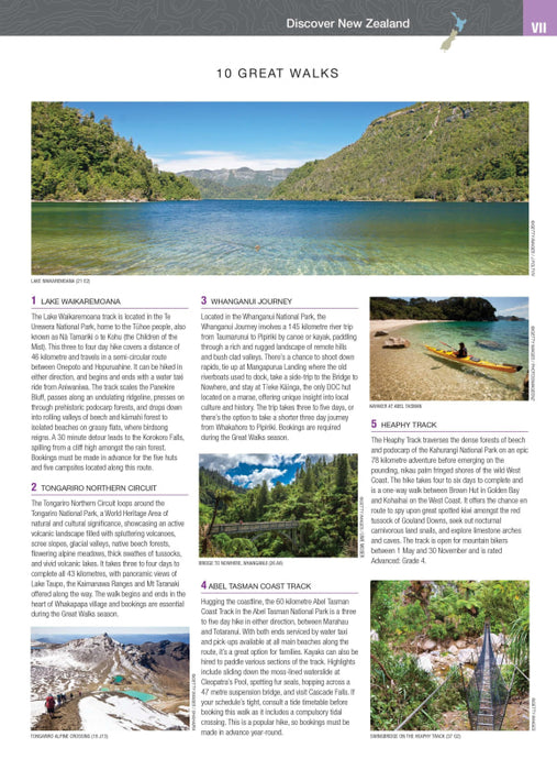 Magazine page in Hema New Zealand Handy Atlas featuring 10 great walks and scenic trails