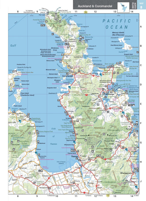 Map of Auckland and Coromandel regions in New Zealand Handy Atlas showing topography and roads