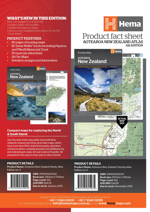 Product fact sheet and back cover for Hema New Zealand Handy Atlas map publication