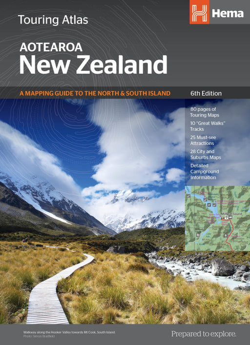 Hema New Zealand Touring Atlas cover showcasing scenic mountain landscape in Aotearoa