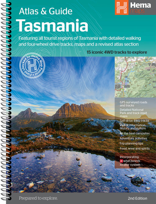 Hema Tasmania Atlas and Guide book featuring scenic mountains for best walking and 4WD trips