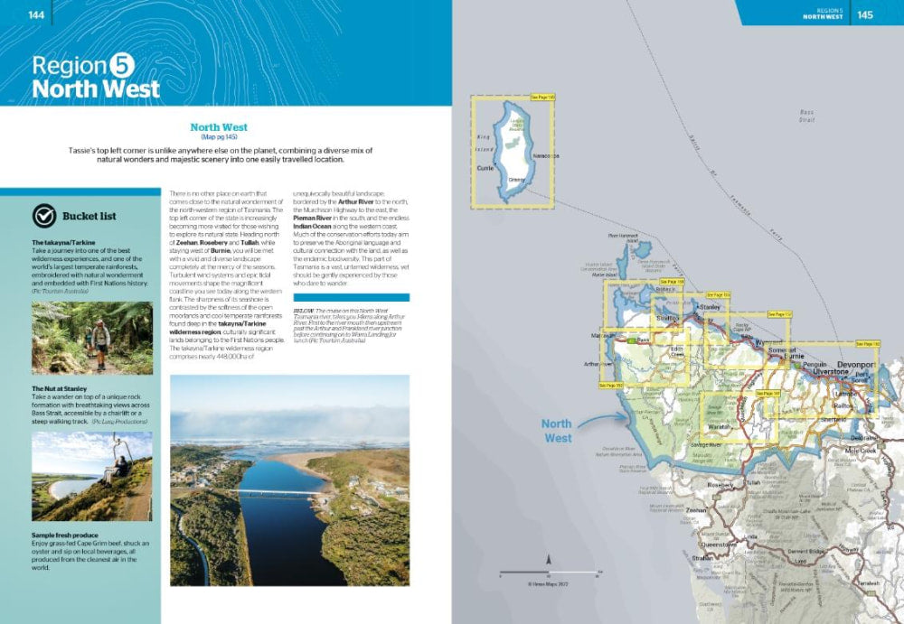 Two-page spread from Hema Tasmania Atlas highlighting 4wd trips in Ireland’s North West