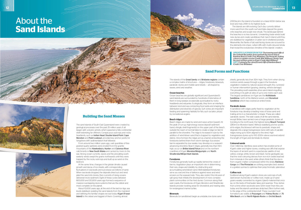 Travel brochure spread showcasing Fraser Island’s coastal landscapes in the Brisbane Islands Atlas