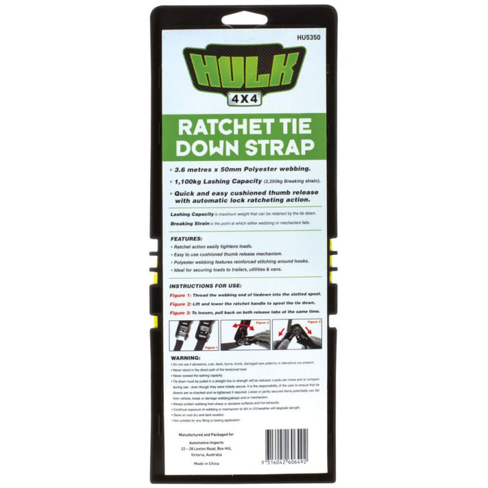 Hulk Heavy Duty Ratchet Tiedown Strap | 3.6m or 6m - Tie Down Straps