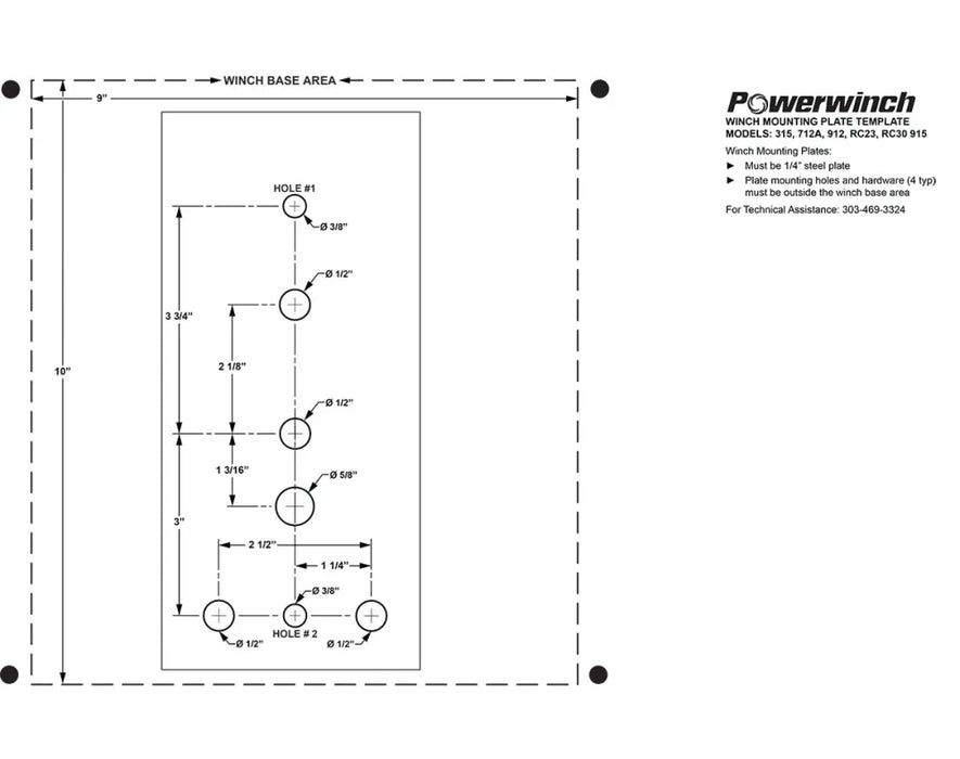 Technical diagram of Powerwinch 712A specifications for trailer boat winch measurements