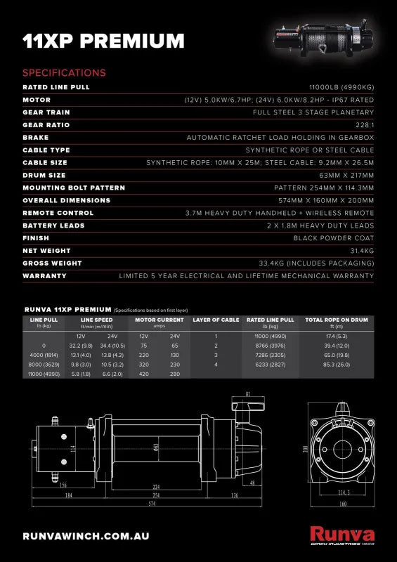 Runva 11XP Premium 12V Winch with Synthetic Rope | Full IP67 protection - Electric Winch