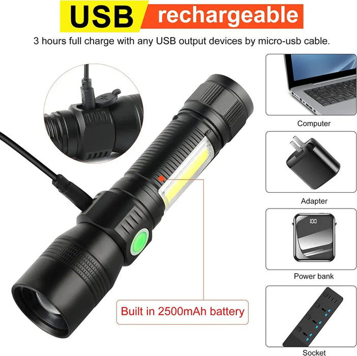 7 Modes Waterproof Rechargeable UV Light Flashlight Torch for Camping - Torches