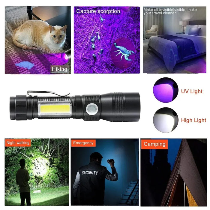 7 Modes Waterproof Rechargeable UV Light Flashlight Torch for Camping - Torches